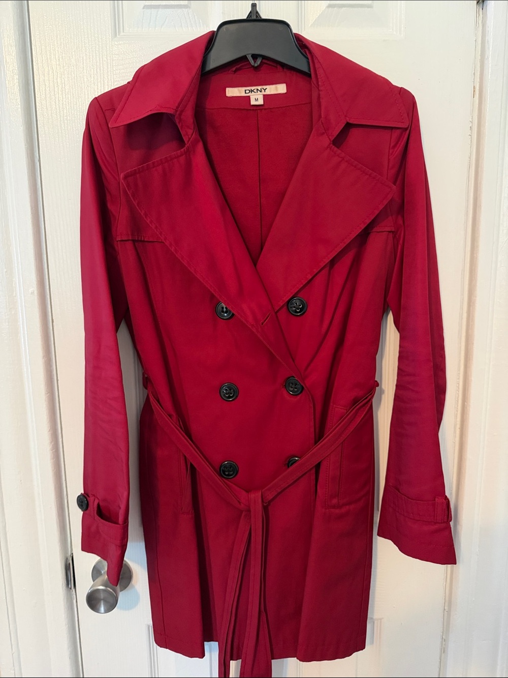 DKNY Red Double-Breasted Rain Trench Coat